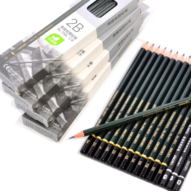 12支装得力铅笔2B绘图绘画素描铅笔HB/2H学生写字考试考级美术4B6B8B10B12B手绘速写铅笔套装