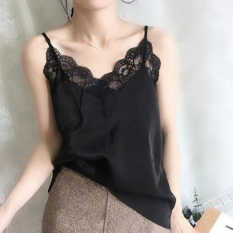 性感蕾丝v领真丝缎面吊带背心女外穿百搭宽松大码内搭打底上衣夏