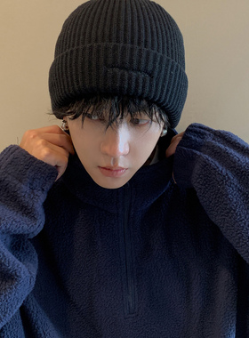 FINE STATE黑色帽子男新爆款保暖针织帽毛线帽男士冬季大头围冷帽