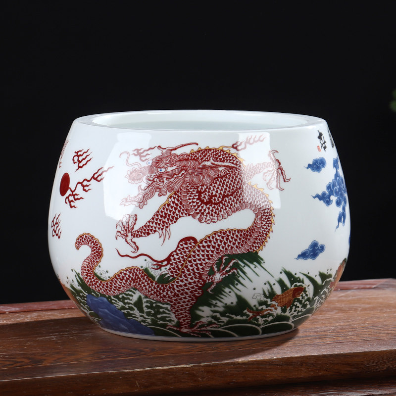 速发龙聚宝盆水缸景式鱼德镇陶瓷器摆件家居客厅酒柜中缸装饰品储
