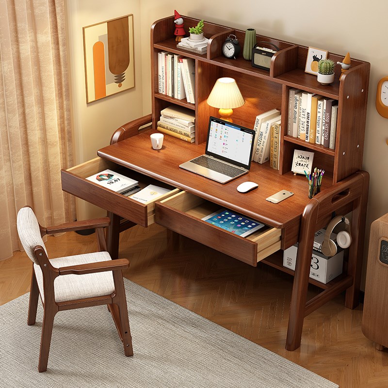 速发实木可卧降书桌书架一体公生家用学习桌升室办学电脑桌简约写