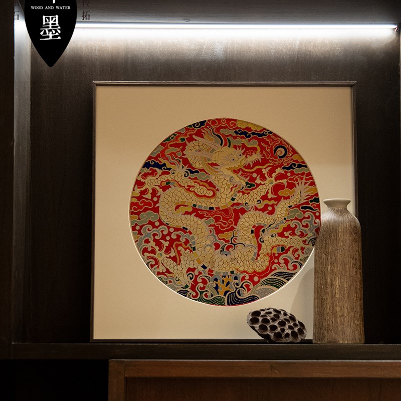 速发红底单龙戏珠三面圆形斗方刺绣锦绫圆纹斗方装饰画卧室客厅红图片