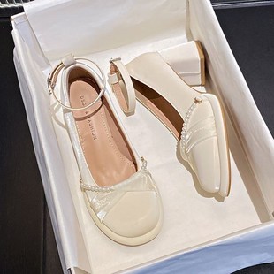 速发法式玛跟珍鞋2024年春新款珠珍仙气质单鞋粗丽浅口高跟鞋