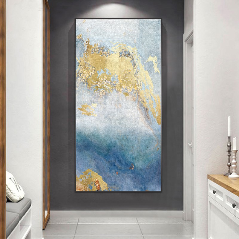 速发蓝色大海 大幅抽象玄关版画画轻奢房屋走廊装饰竖样板间油画