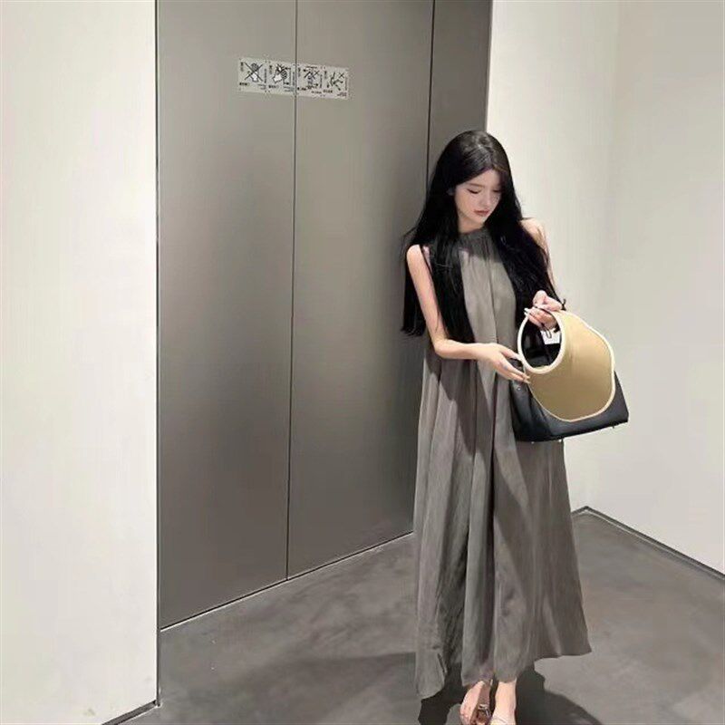 速发(有计袋)设口感雾面铜氨丝懒人裙露肩丝滑挂脖纯简色约宽松