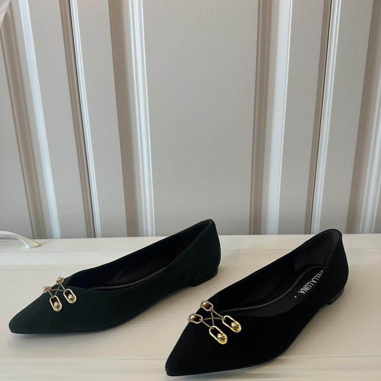 STELLA LUNA新款浅口尖头链条平跟鞋羊翻毛皮单鞋女鞋时尚百搭,女鞋,浅口单鞋,淘宝优惠券,粉丝福利购,淘宝优惠卷