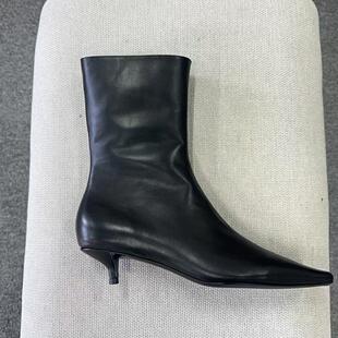 STELLA LUNA尖头猫跟低跟短靴真皮细跟中筒靴羊皮女靴冬季靴