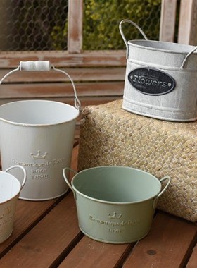 速发复古小旧白色做铁桶花器铁皮桶花瓶铁艺干花花桶绿植盆栽多肉