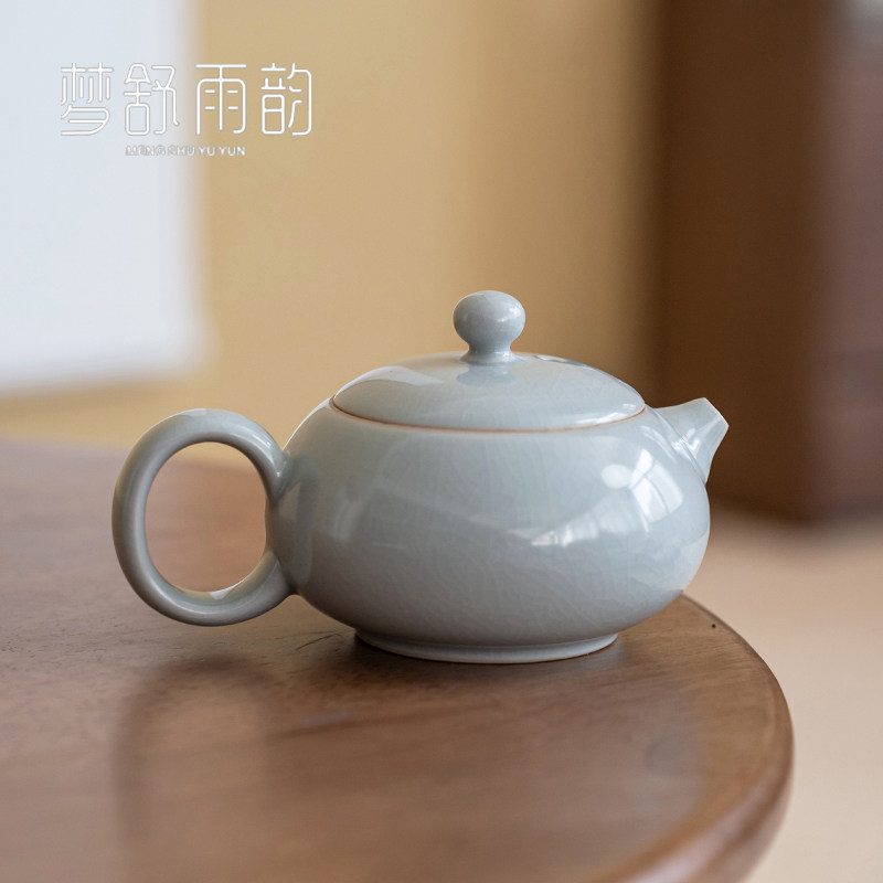 速发天青汝窑扁西施壶陶瓷茶具红瓷冰裂开片汝瓷茶夫汝茶泡功单壶
