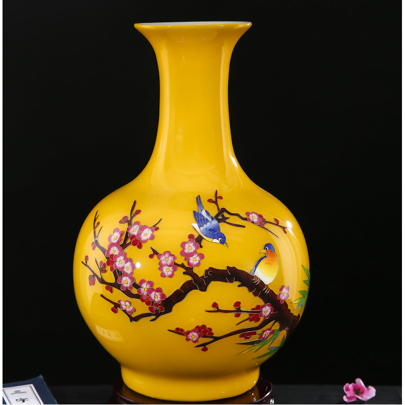 速发桌德镇陶瓷器金丝黄白色花瓶喜上眉梢家居工客品摆件中式景面