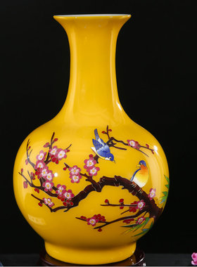 速发桌德镇陶瓷器金丝黄白色花瓶喜上眉梢家居工客品摆件中式景面