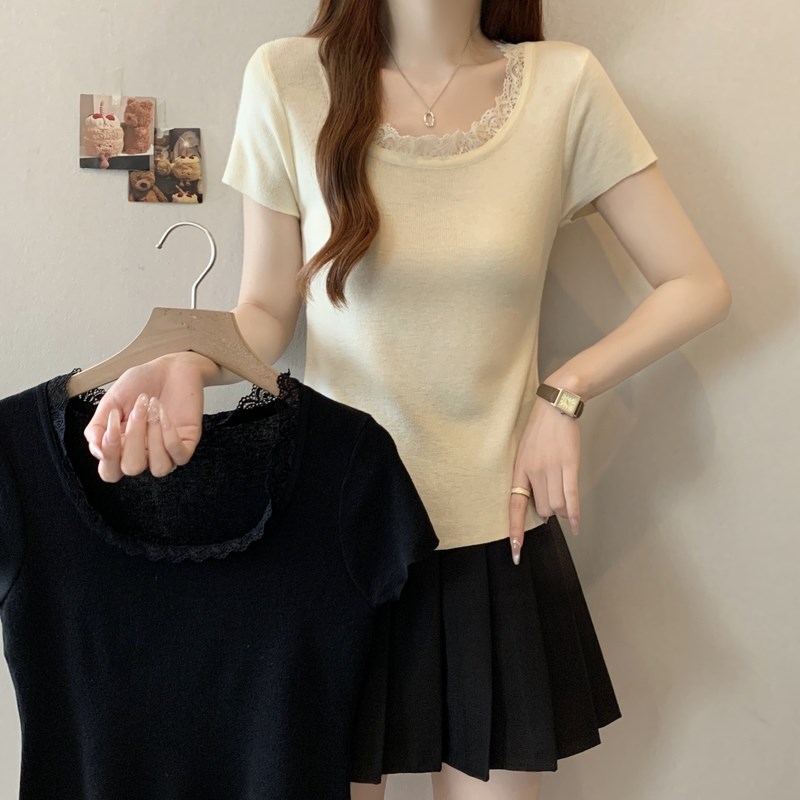 速发杏色蕾丝方领针织T恤夏季2025新款大码胖妹妹百搭上衣
