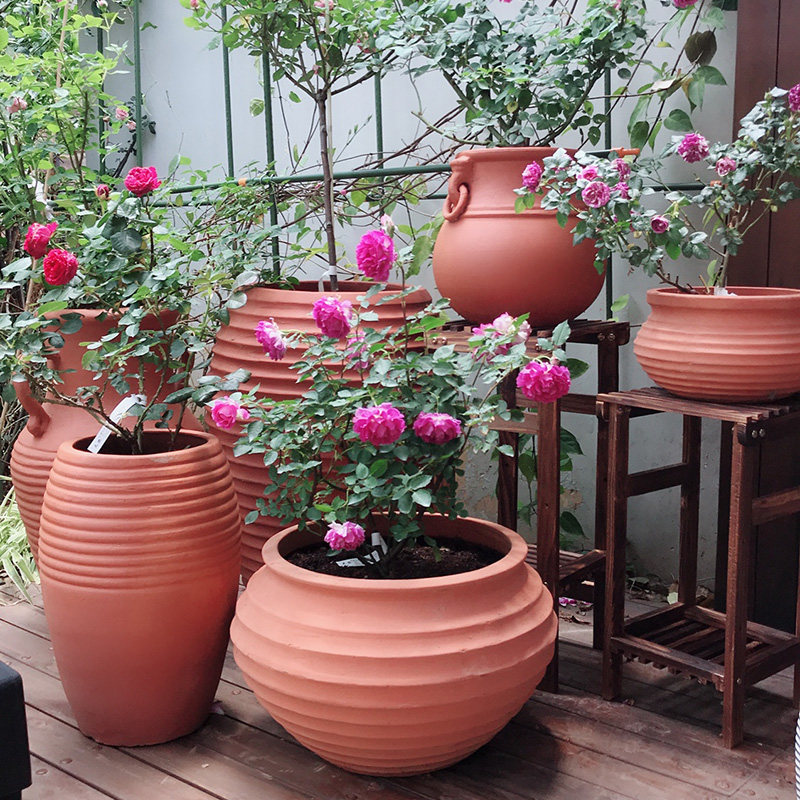 速发陶罐花盆红陶花盆陶土花盆土陶粗陶红陶盆大码欧式庭院台四件
