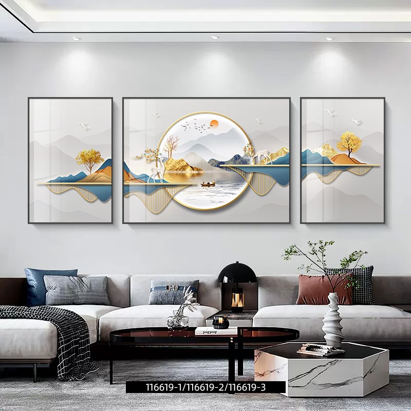 速发客厅装饰画约水画挂画大气高端沙发背景墙壁画三山家庭简联画