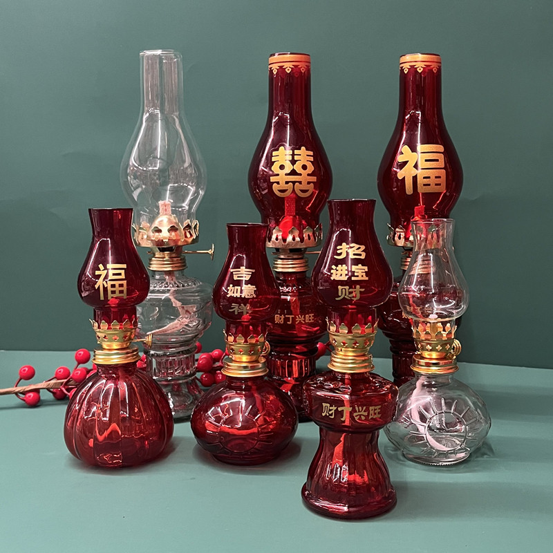 速发婚喜庆透明玻璃火水灯煤油灯结婚红色入宅乔迁灶台供台专用复