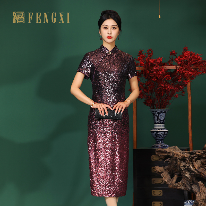 凤禧渐变亮片丝绒改良旗袍宴会