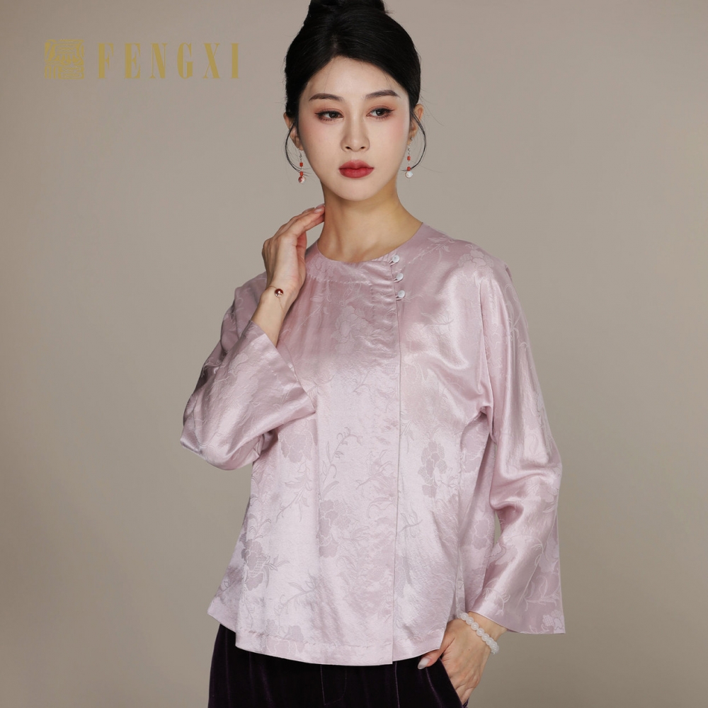 凤禧2025春款桑蚕丝提花缎面衬衫