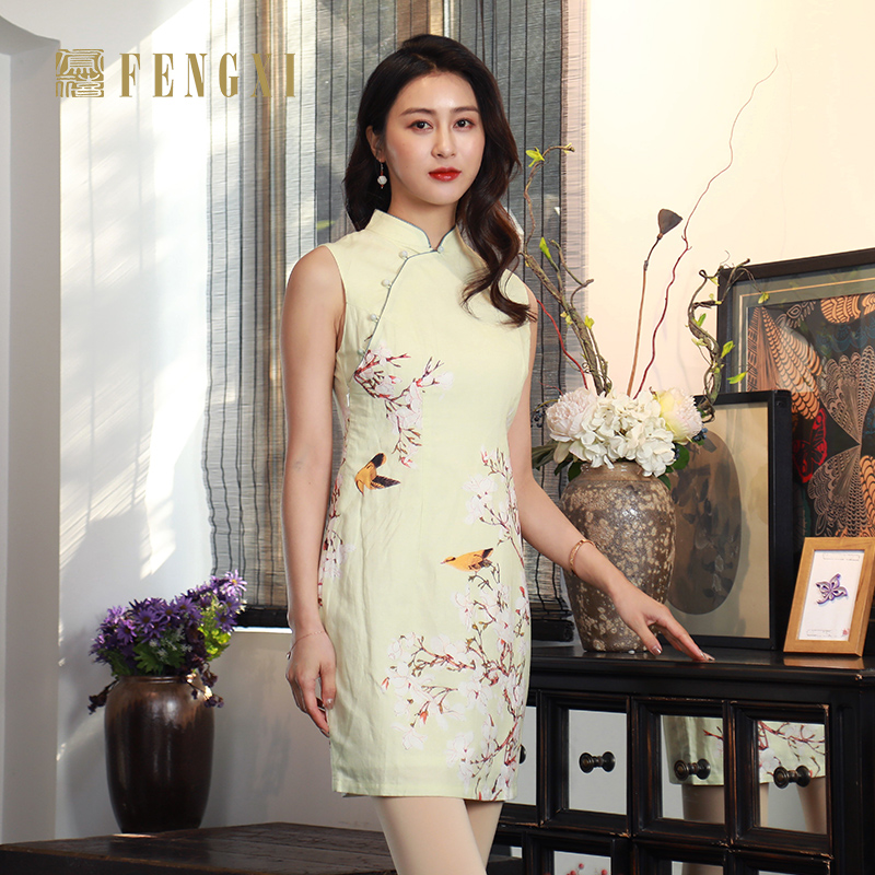 凤禧旗袍2022年亚麻棉短款