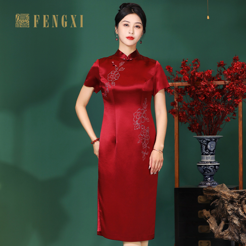 凤禧中式婚庆醋缎改良旗袍喜妈妈