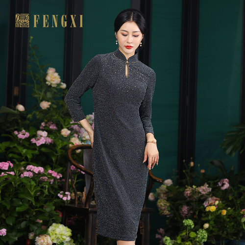 凤禧冬季弹力亮丝旗袍婚宴礼服