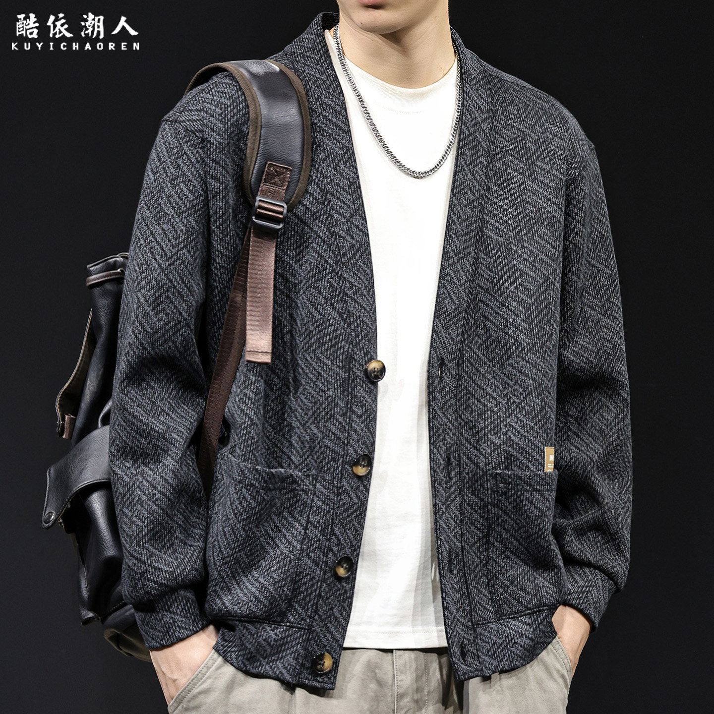 春季2026新款开衫厚棉T男士外套长袖美式潮牌休闲衣服高端大尺码