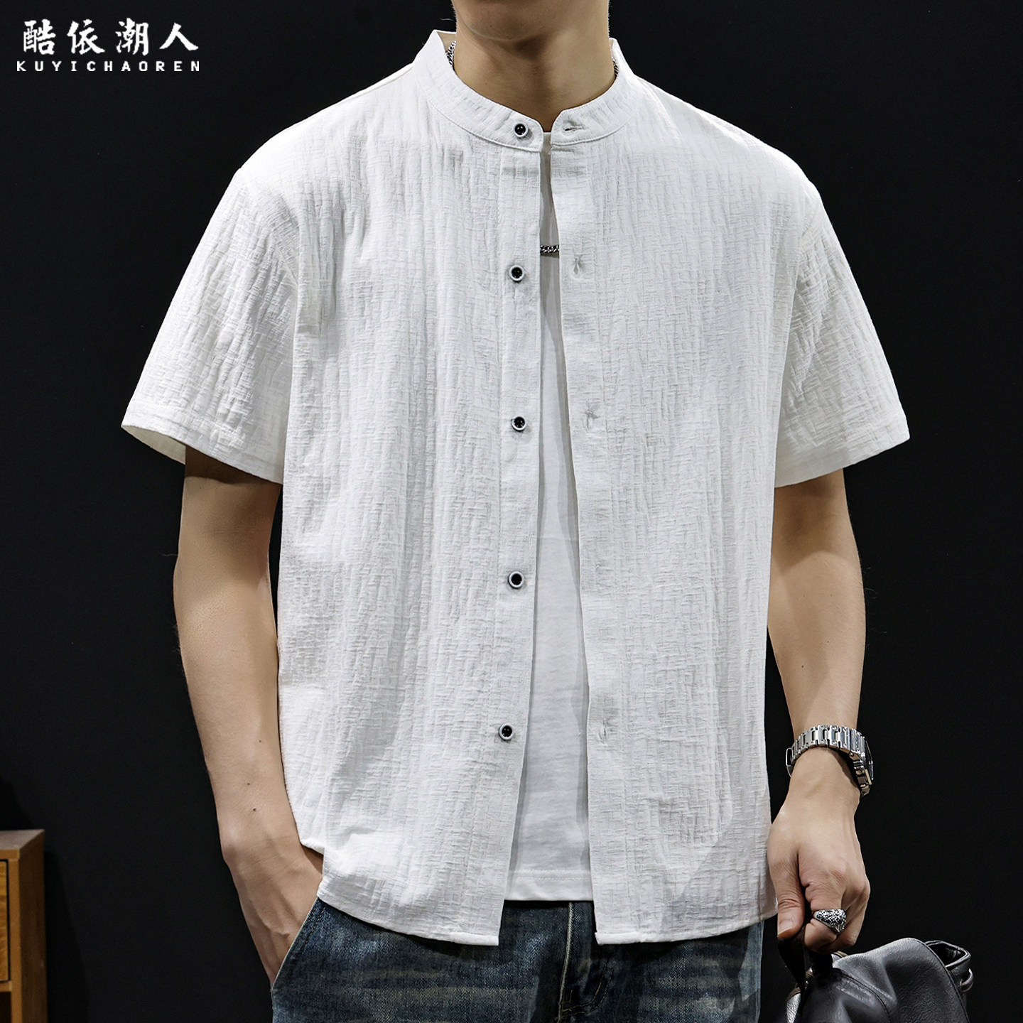 新中式立领短袖衬衫男士2026新款夏季提花肌理感休闲透气衬衣外套