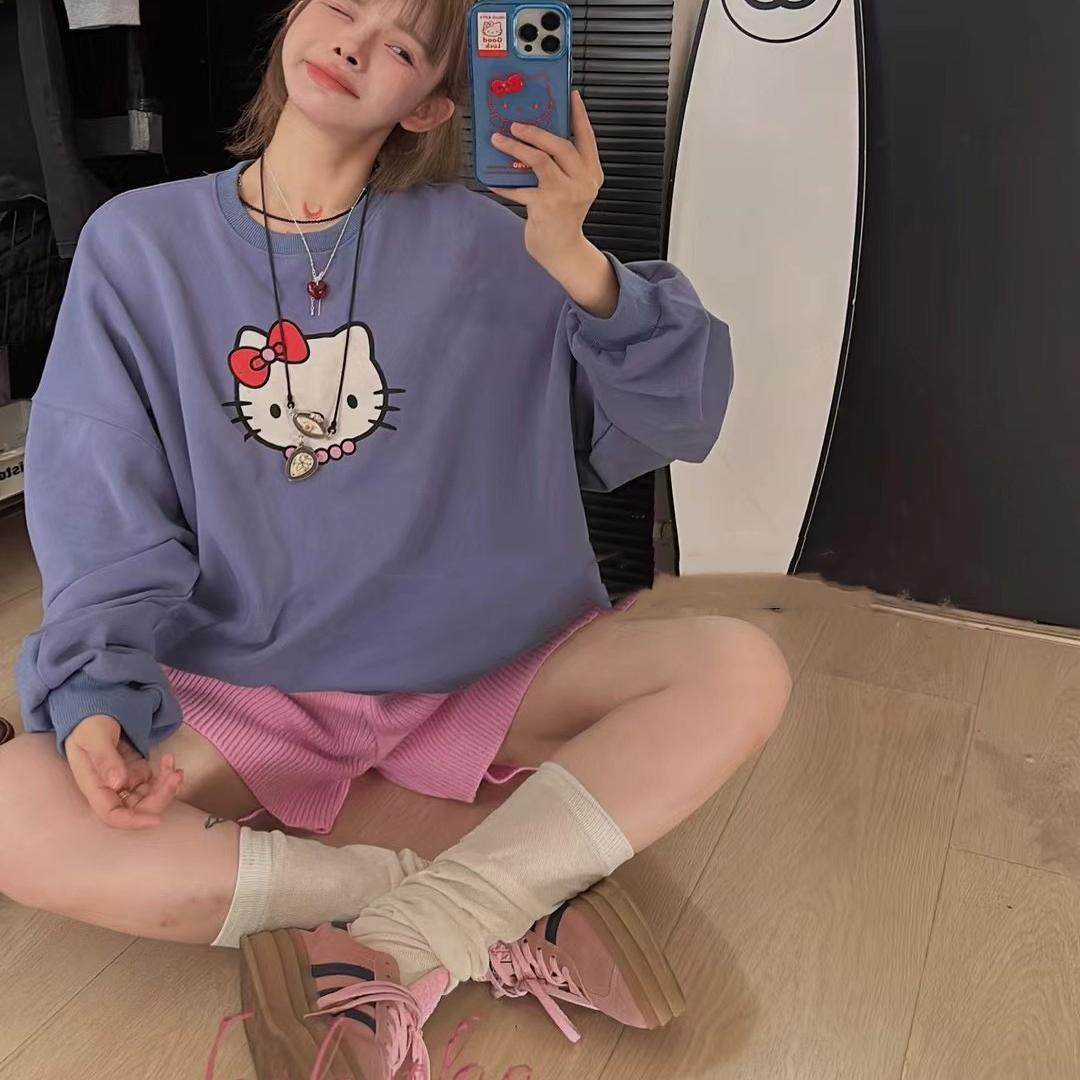 韩系蓝色可爱猫咪印花大版卫衣女2025小众遮肉懒人中长款上衣ins,女装/女士精品,卫衣/绒衫,淘宝优惠券,粉丝福利购,淘宝优惠卷