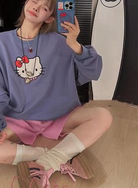 韩系蓝色可爱猫咪印花大版卫衣女2025小众遮肉懒人中长款上衣ins