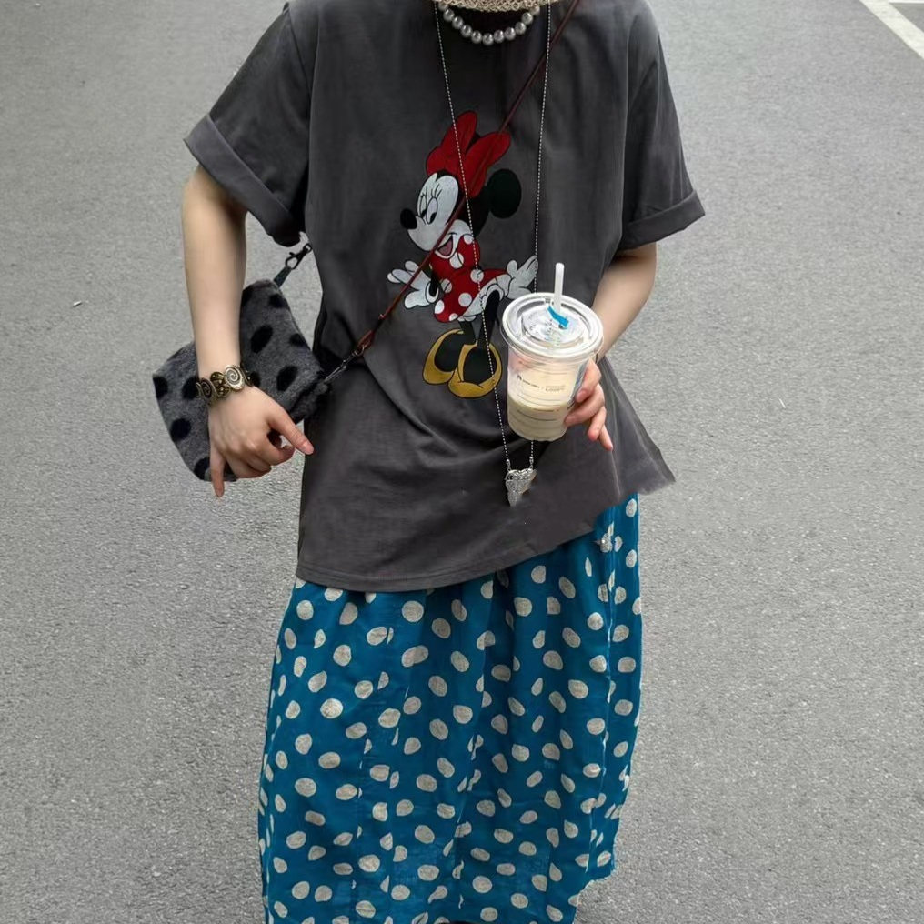 韩系复古蓝色波点棉麻森系半身裙女2025小众洋气减龄时尚裙子chic