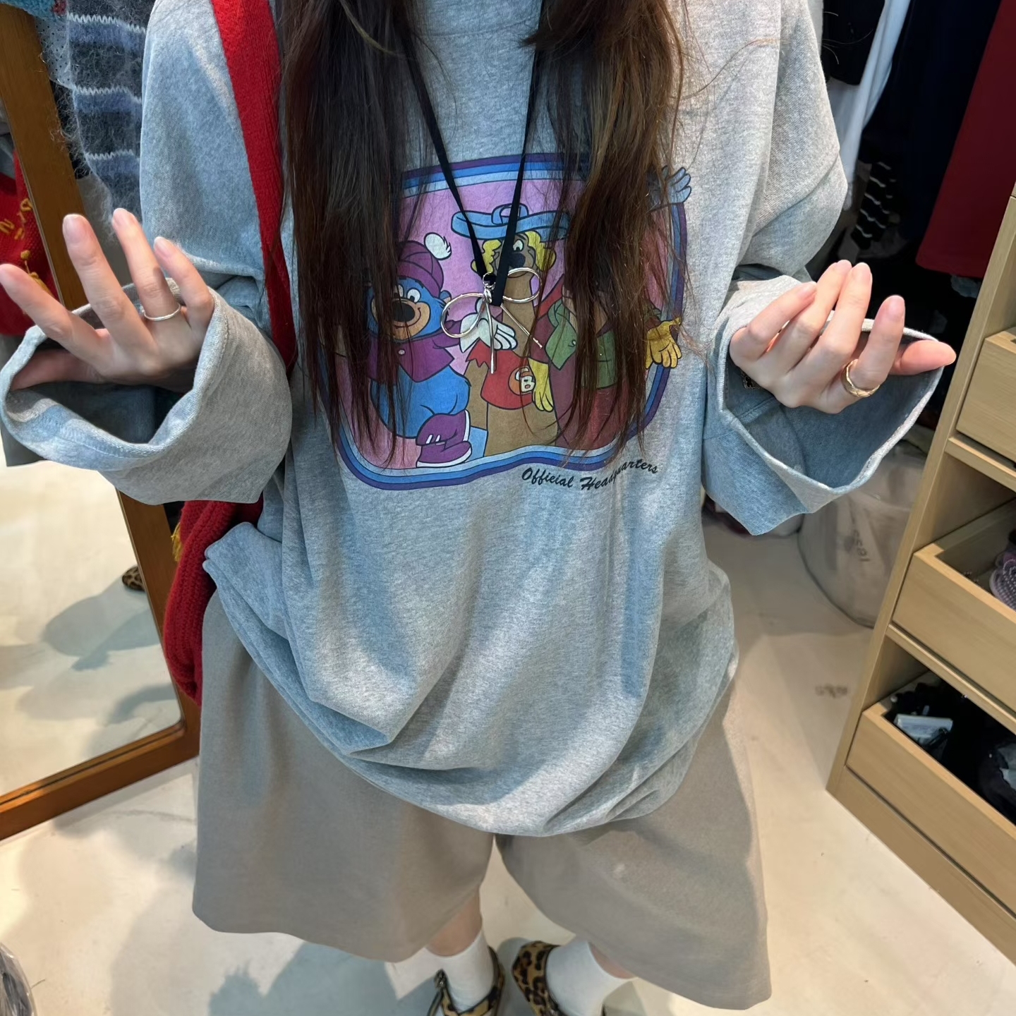 韩系趣味小熊印花大版长袖t恤女