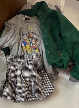 韩系复古绿色仿羊羔毛米奇印花外套女2025小众设计感减龄保暖上衣