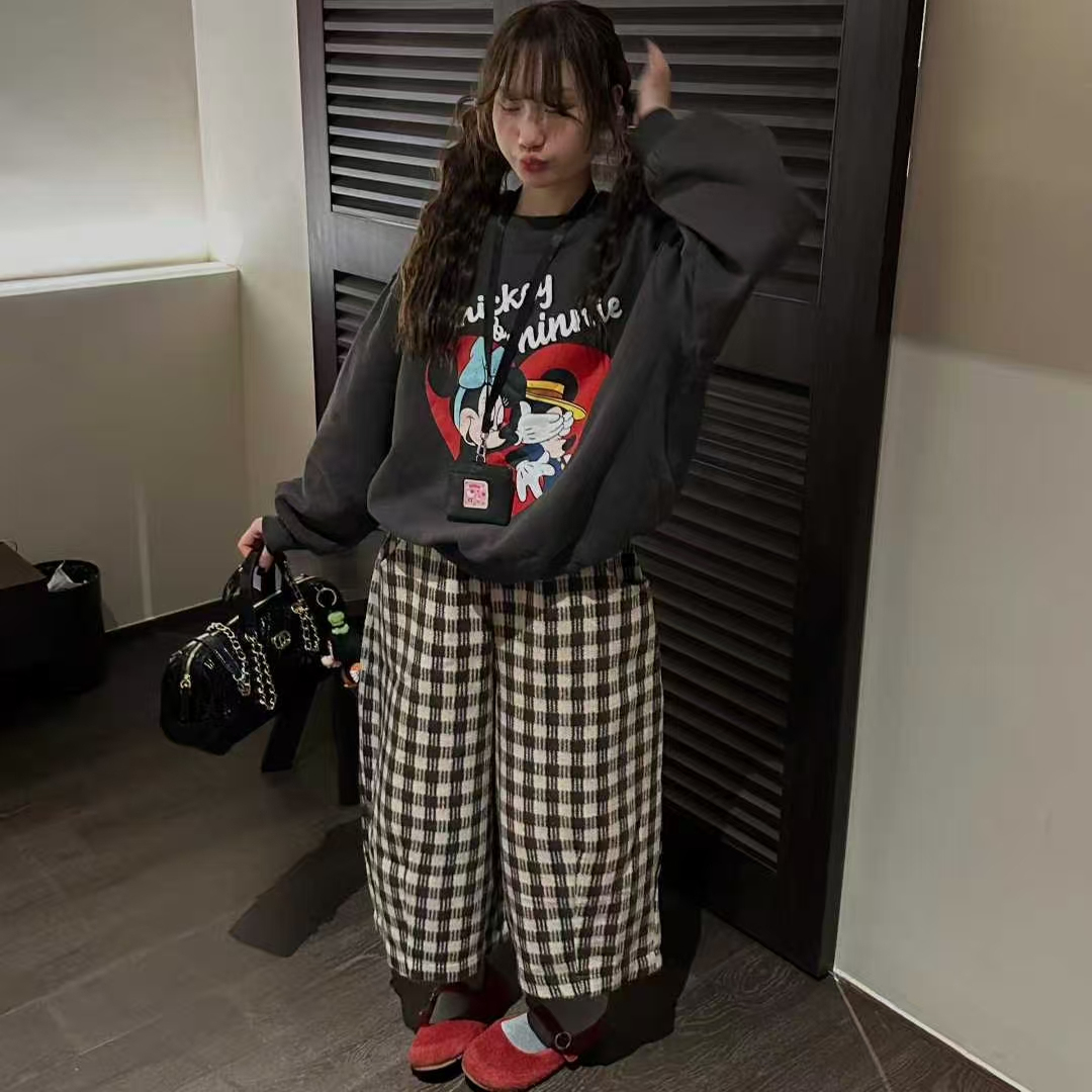 韩系复古重工拼色格子休闲裤女