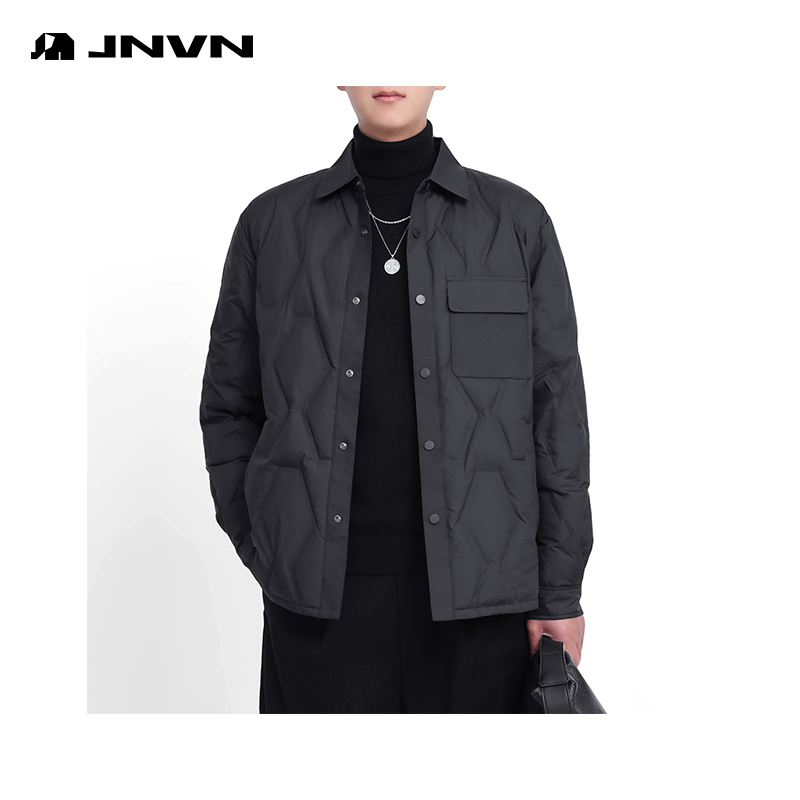 商城同款杰尼威尼商务衬衫领绗缝冬季新款羽绒服男黑色轻薄保暖