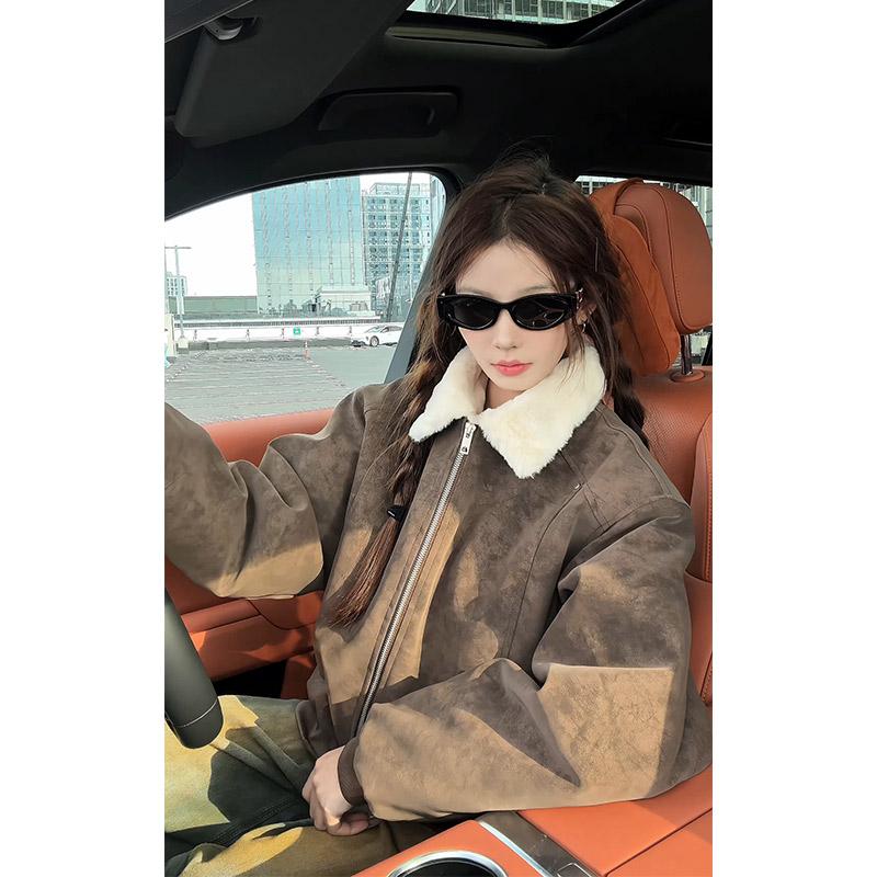 羊羔绒翻领pu皮衣外套棉服男女款冬季加厚保暖棉衣巴恩风工装夹克