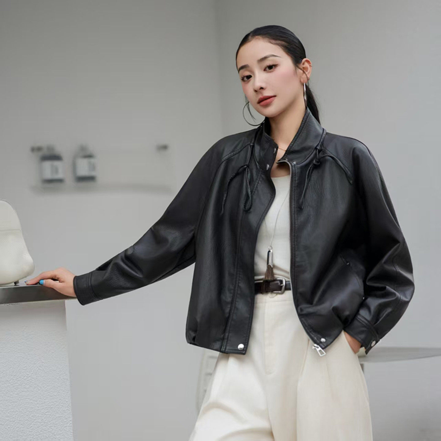 2025冬新款韩版宽松立领皮毛一体皮衣外套女短款休闲机车夹克上衣