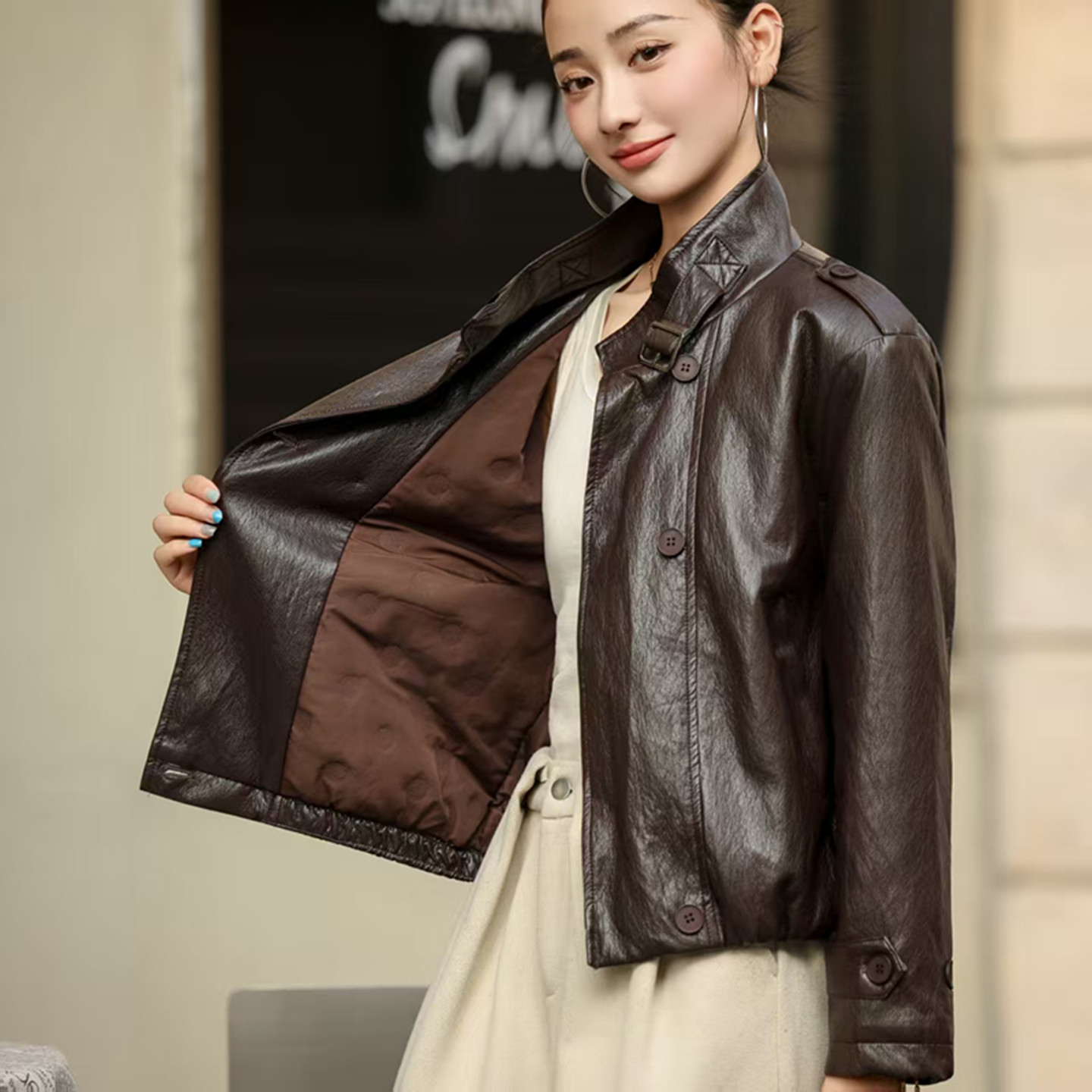 立领双排扣夹克上衣女