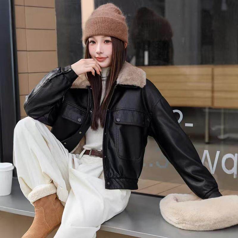 加绒皮衣外套女冬季港风复古机车内里獭兔毛皮夹克派克服短款上衣