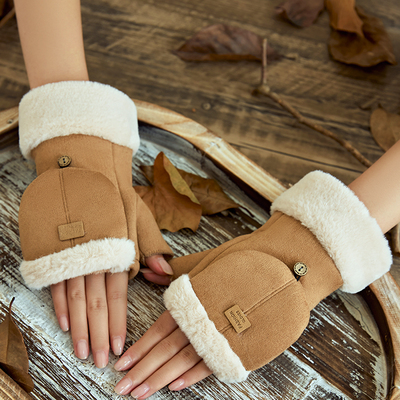 麂皮绒手套女冬学生秋冬天保暖可爱加绒翻盖情侣骑车触男半指手套