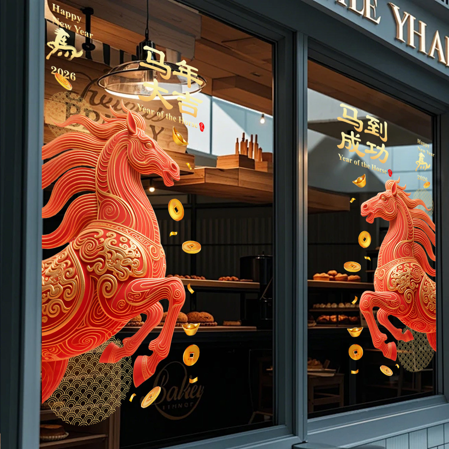 马年大吉门贴2026新年静电贴窗花商场海报餐厅春节玻璃门氛围贴纸