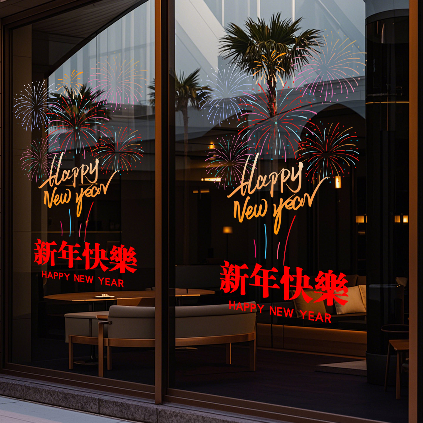新年玻璃门静电贴纸2026新款店铺窗贴画马年春节过年喜庆烟花窗花