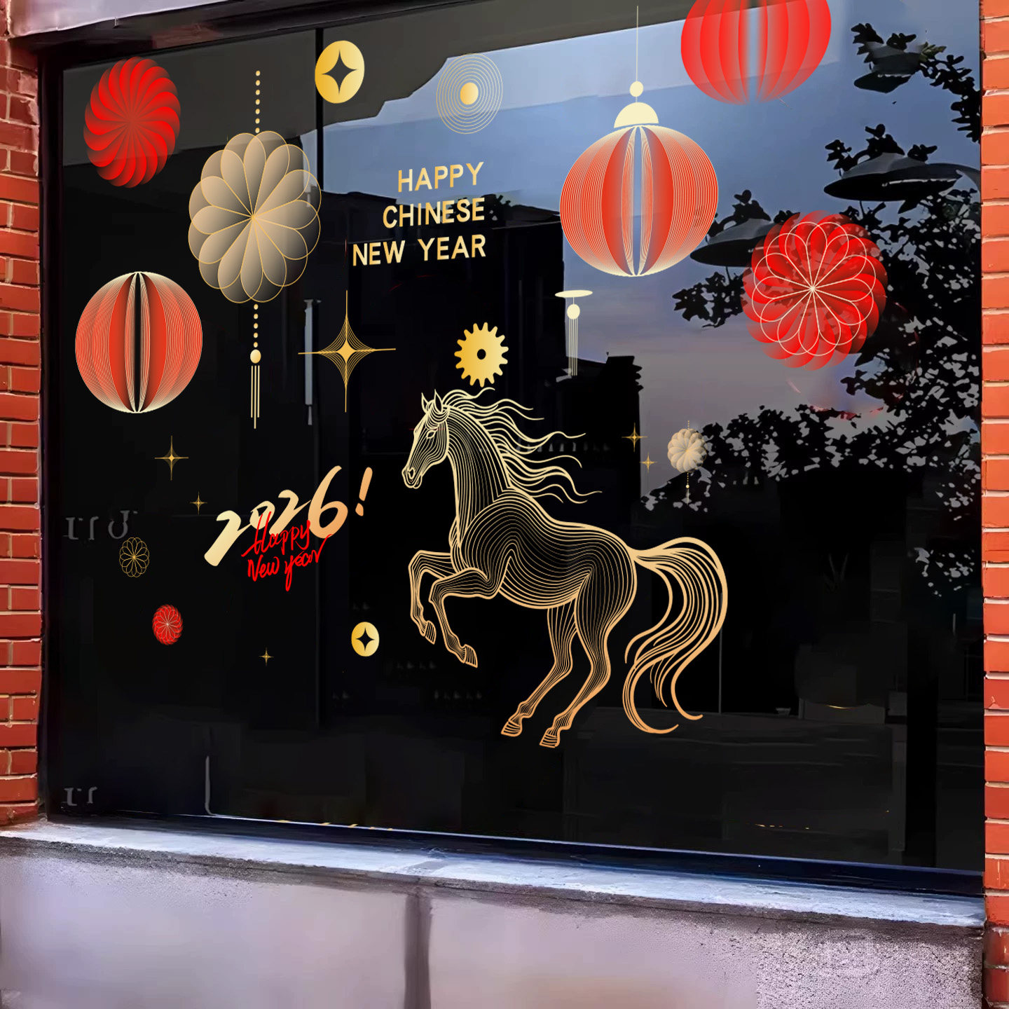 2026新年装饰品贴纸马年场景布置春节静电贴元旦窗花贴画玻璃门贴