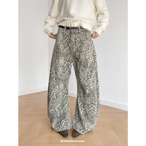 美式复古做旧豹纹弯刀阔牛仔裤