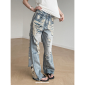 子 女宽松直筒阔腿长裤 Inbeshowroom设计感美式 水洗做旧破洞牛仔裤