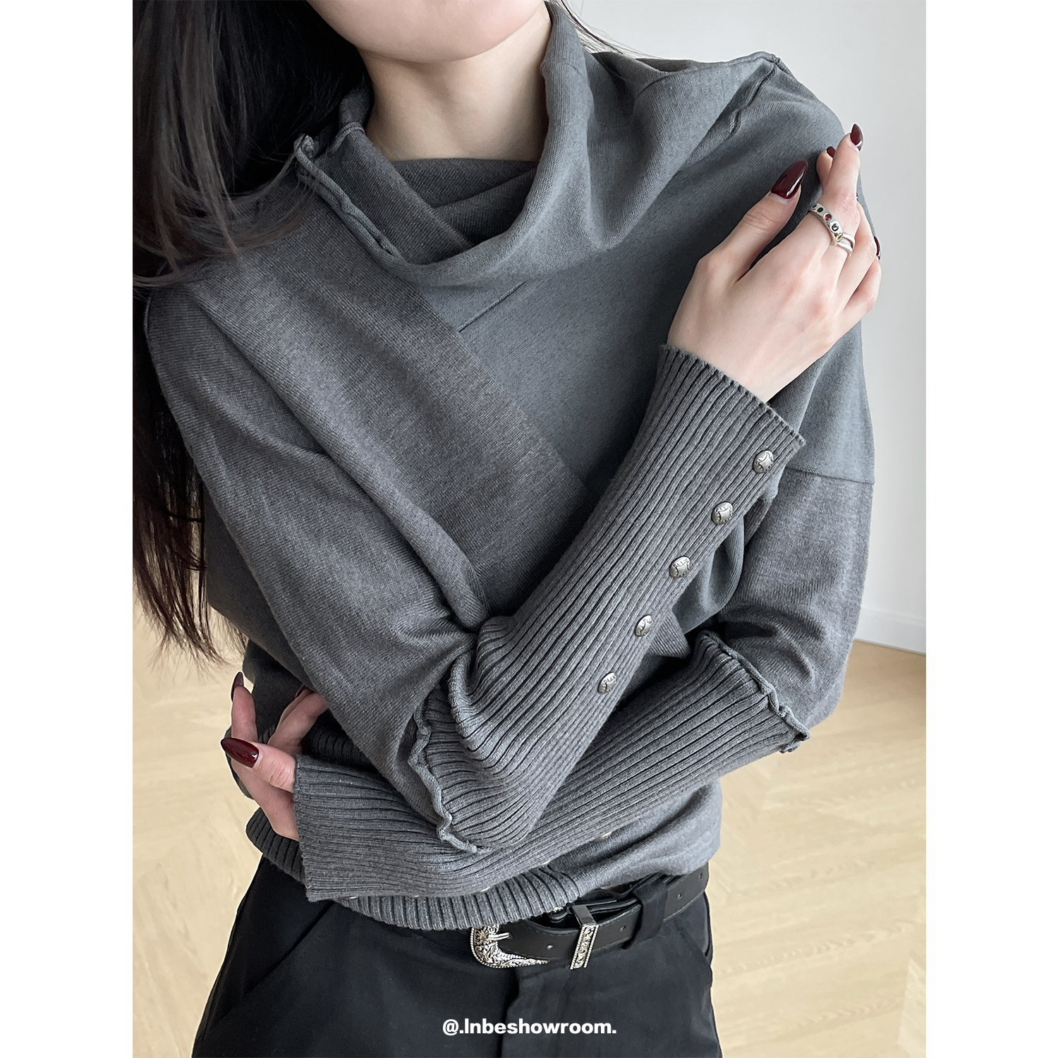 Inbeshowroom设计感不规则针织衫女套头荡领蝙蝠袖毛衣宽松上衣