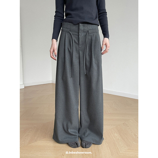 Inbeshowroom设计感百搭抽绳毛呢西裤 子 女直筒宽松休闲阔腿长裤