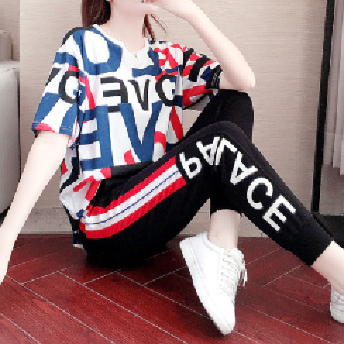 運動套裝女夏潮時尚新款寬鬆印花洋氣短袖休閒服兩件套