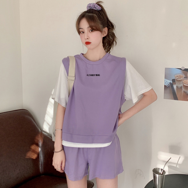 Pure sportswear new women's fake two piece splicing short sleeve elastic casual shorts two piece set