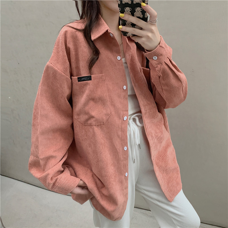 Real shot loose and thickened corduroy shirt women's Retro autumn and winter Yangqi college style shirt coat