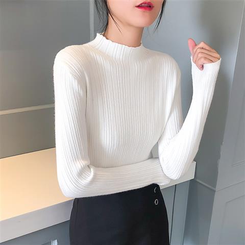 Spring and summer new Korean half high neck long sleeve with knitted top, slim fit, foreign style sweater, women's bottom coat