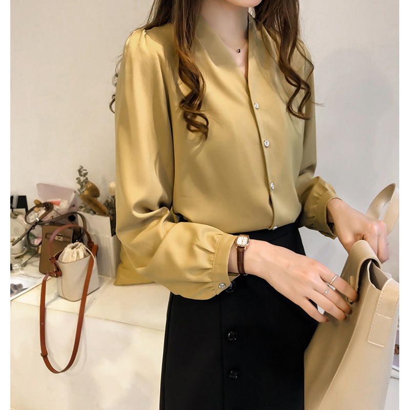 Spring new women's simple temperament pure color chiffon shirt women's long sleeve top loose Korean shirt